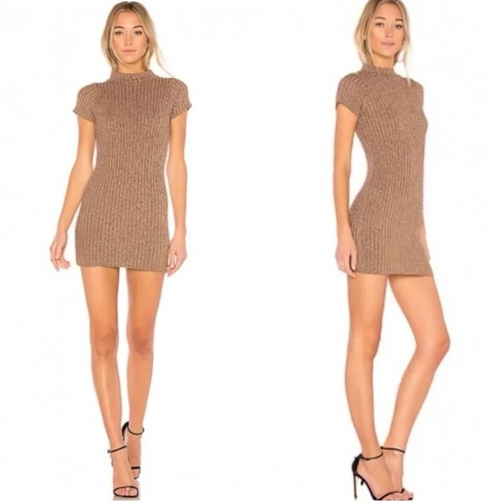For Love & Lemons Knitz Gold Metallic Sparkle Sweater Dress NEW WITH TAGS